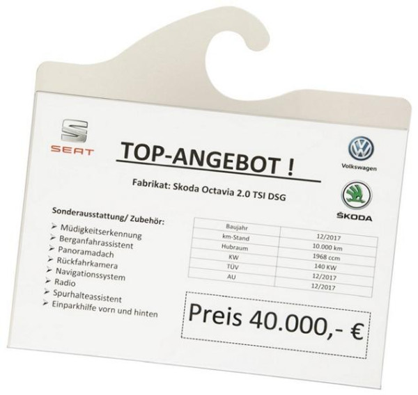 Eichner Preisblatt-Tasche A4 quer mit integrierter Hakenaufhängung, Format mm H: 297 mm x B: 300 mm, VE 5 Stück, 9219-01074