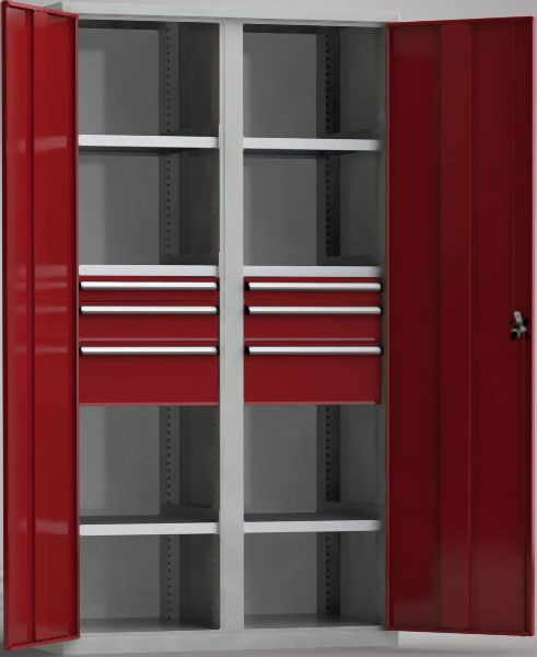 KLW Universalschrank 2000x1110x655mm mit abschließbaren Flügeltüren, Mitteltrennwand, 6 verzinkten Fachböden, 6 Schubladen, 7FS-PP2000TD-2022MPB