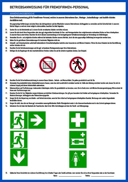 Schilder Klar Aushang Betriebsanweisungen für Fremdfirmen Personal, 297x420x1.5 mm Kunststoff, 3520/71