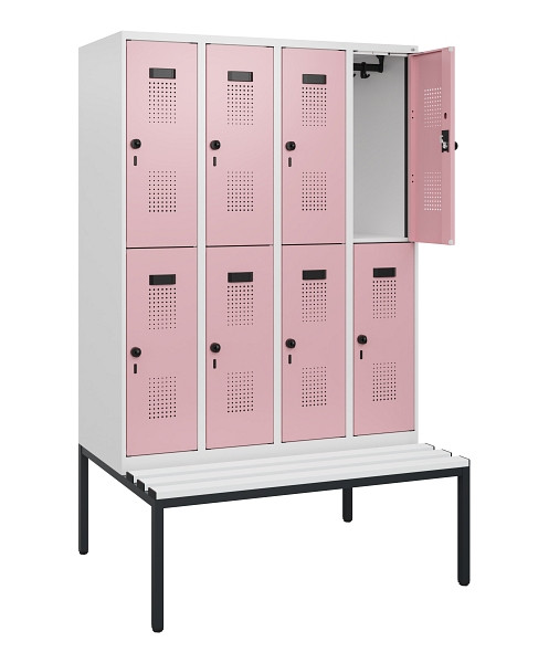 C+P Doppelstöckiger Spind Evolo PLUS, Bank, 8 Fächer, 1950x1200x815mm, 9016/3015, Drehriegel, Sitzfläche Kunststoff, Sitzbank, 0493505-40 S10116