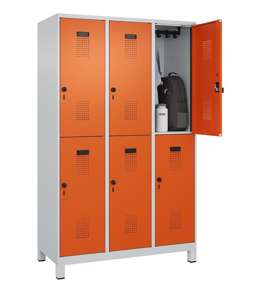 C+P Doppelstöckiger Spind Evolo PLUS, mit Füßen, 6 Fächer, 1950x1200x500mm, 703, Frontfarbe RAL 2004 Reinorange, Drehriegel, 049310-32 S10002