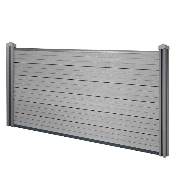 Mendler WPC-Sichtschutz Sarthe, Windschutz Zaun, WPC-Pfosten, Basiselement niedrig, 1,95m grau, 76159+76160