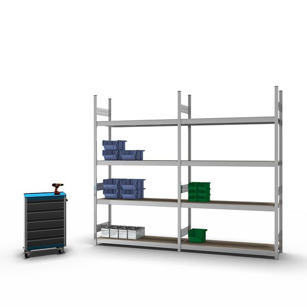 hofe Großfach-Grundregal, 2500x400x1500 mm, 4 Fachebenen, Spanplatte verzinkt, 350 kg Fachlast, 1750 kg Feldlast, zweiseitige Bedienung, GZG25415S