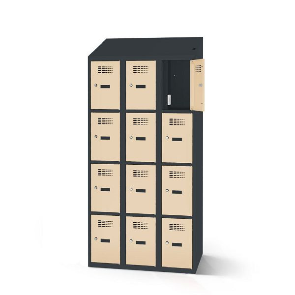 Rotstahl Fächerschrank, 12 Fächer, kurzer Sockel, mit Ladefunktion, Schrägdach, Korpus: anthrazitgrau, Türen: hellelfenbein, 2180-030400-0901112-7016-1015