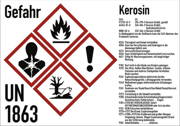 Moedel Gefahrstoffkennzeichnung Kerosin nach GHS, Folie, 105x74 mm, Idx 2019, 102823