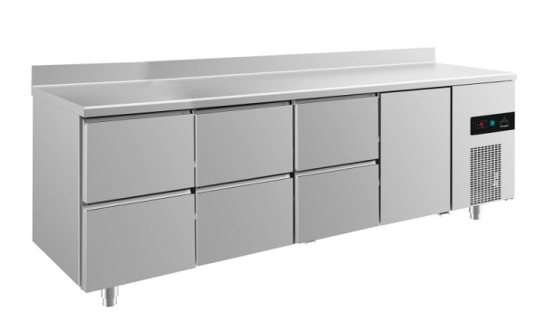 A&S Polarny Kühltisch -2 bis +8°C mit 1x Tür rechts und 3x zwei Schubladen, 2330 x 700 x 850 mm, mit Aufkantung, KT4ZZZTA