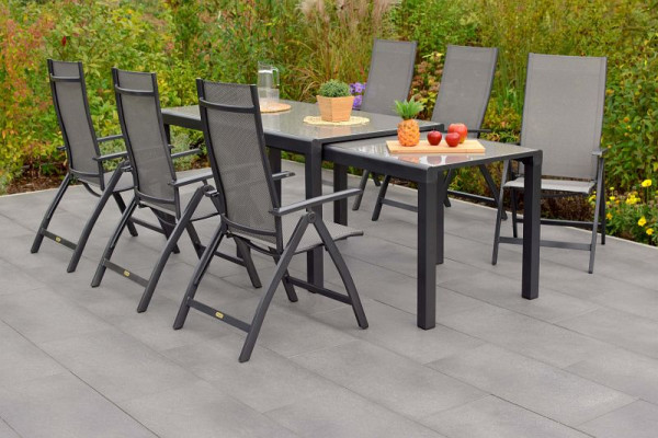 Merxx Vicenza Set 7-teilig, 6 Klappsessel, 1 Flex Ausziehtisch, 160/320 x 78/75 cm, graphit/diamantbraun, Aluminiumgestell mit Textilbespannung, 50572-217