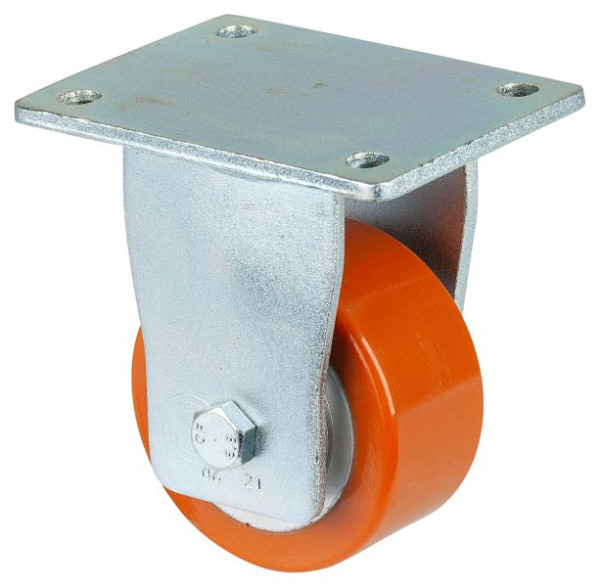 BS Rollen Schwerlastrolle, Bockrolle, Rad-Breite 50 mm, Rad-Ø 100 mm, Tragfähigkeit 400 kg, Guss-Polyurethan 95 Shore A, Guss, Kugellager, RR110.C10.101