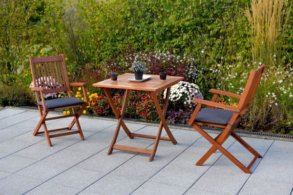 Merxx Rio Set 3-teilig, 2 Rio Klappsessel, 2 Sitzauflagen, grau, 1 Tisch, 70 x 70 cm, FSC Eukalyptusholz, 50086-609