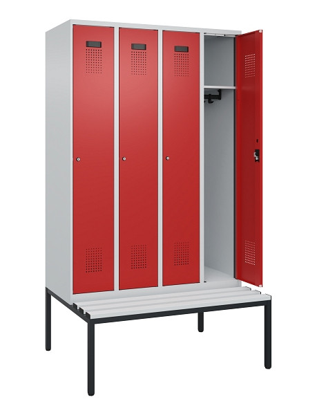 C+P Spind Evolo PLUS, 4 Abteile, 2120x1200x815mm, 7035/3000, Haken 3, Zylinderschloss, Sitzfläche Kunststoff, Sitzbank, 0490507-40 S10084
