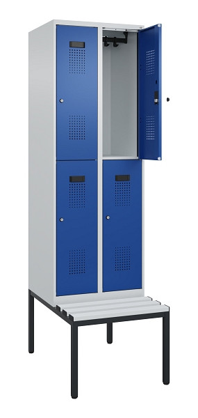 C+P Doppelstock-Spind Evolo PLUS, Bank, 4 Fächer, 2120x600x815mm, 7035/5010, Zylinderschloss, Sitzfläche Kunststoff, Sitzbank, 0493507-20 S10114