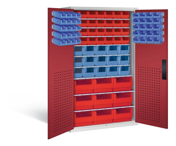 C+P Magazinschrank Serie 13, H1950xB1100xT535mm, Farbe: Lichtgrau / Rubinrot, Muldengriff, 130276-65 S10023