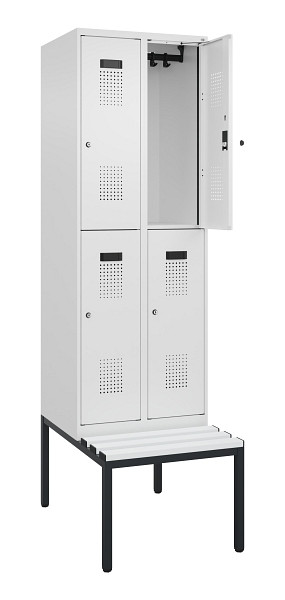 C+P Doppelstock-Spind Evolo PLUS, Bank, 4 Fächer, 2120x600x815mm, 9016/9016, Zylinderschloss, Sitzfläche Kunststoff, Sitzbank, 0493507-20 S10135