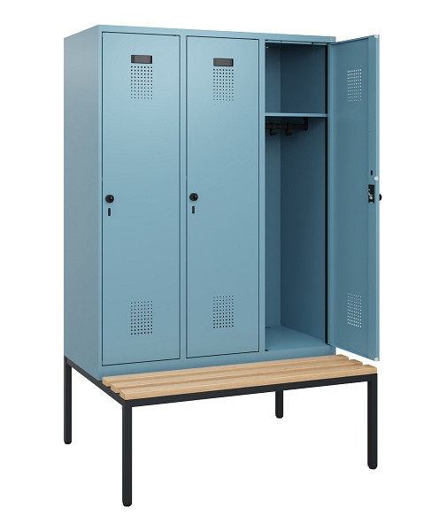 C+P Spind Evolo PLUS, 3 Abteile, 1950x1200x815mm, 0010/0010, Drehriegel, Sitzfläche Buche-Hartholz, Sitzbank, 0490505-32 S10025