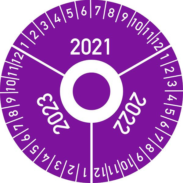 Moedel Prüfplakette 3 Jahre 2021/2022/2023 mit Monaten, Folie, Ø 40 mm, VE: 10 Stück/Bogen, 97416