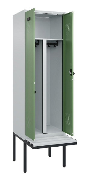 C+P PSA Doppel-Spind Evolo PLUS, Bank, 2 Abteile, 2120x600x815mm, 7035/6011, Drehriegel, Material Sitzfläche Kunststoff, 0490427-20P S10064