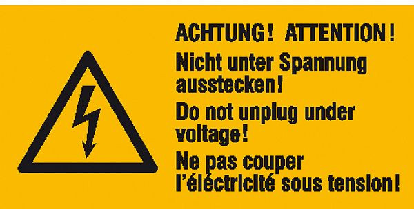 SafetyMarking Warn-Kombischild, Achtung! Nicht unter Spannung ausstecken!, 6,5x3,2 cm, Folie, selbstklebend, VE: 6 Stück/Bogen, 30.0608
