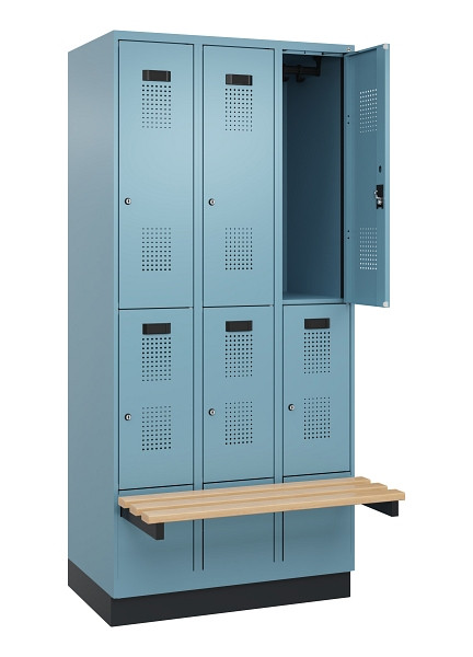 C+P Doppelstock-Spind Evolo PLUS, Bank, 6 Fächer, 1950x900x815mm, 0010/0010, Zylinderschloss, Sitzfläche Buche-Hartholz, mit Sockel, 049340-30 S10048