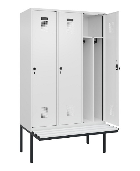 C+P Spind Evolo PLUS, 3 Abteile, 2120x1200x815mm, 9016/9016, Haken 4, Drehriegel, Sitzfläche Kunststoff, Trennwand, 0490407-32F S10074