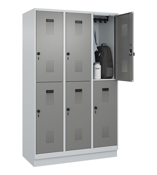 C+P Doppelstöckiger Spind Evolo PLUS, mit Sockel, 6 Fächer, 1950x1200x500mm, 703, 0005000 RDS Stahlgrau, Drehriegel, 049320-32 S10014