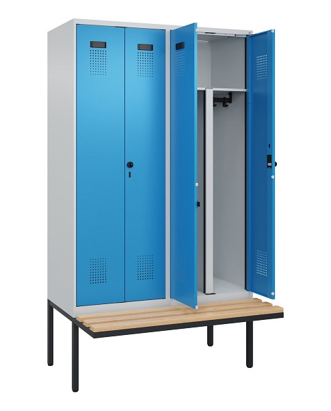 C+P PSA Doppel-Spind Evolo PLUS, Bank, 4 Abteile, 2120x1200x815mm, 7035/5012, Drehriegel, Sitzfläche Holz, 0490427-40P S10007