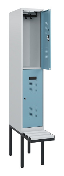 C+P Doppelstock-Spind Evolo PLUS, Bank, 2 Fächer, 1950x300x815mm, 7035/0010, Zylinderschloss, Sitzfläche Kunststoff, 0493405-10 S10144