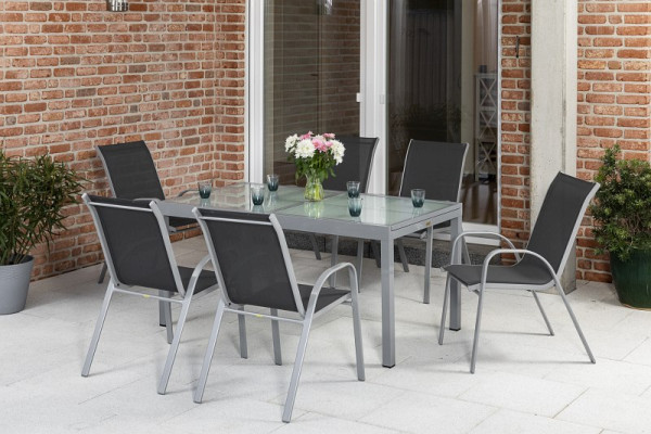 Merxx Sorrento Set 7-teilig, 6 Stapelsessel, 1 Ausziehtisch, 120 (180) x 90 cm, silber/anthrazit, Aluminiumgestell mit Textilbespannung, 50571-307