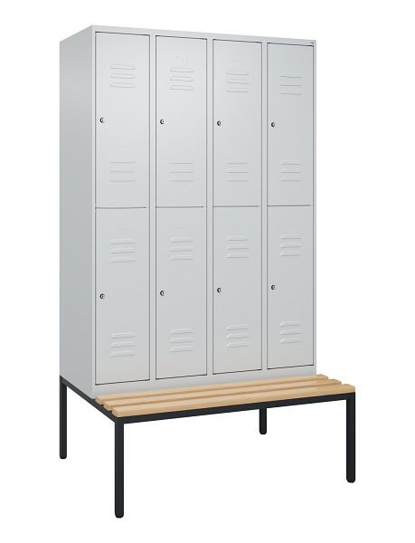 C+P Doppelstöckiger Spind Classic PLUS, 4 Abteile, 2120x1200x815mm, 7035/7035, Zylinderschlösser, Buche-Sitzleisten, Sitzbank, 0803507-40 S10099