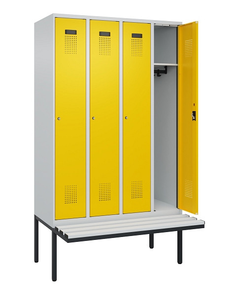 C+P Spind Evolo PLUS, 4 Abteile, 2120x1200x815mm, 7035/1023, Haken 3, Zylinderschloss, Material Sitzfläche Kunststoff, 0490407-40 S10082