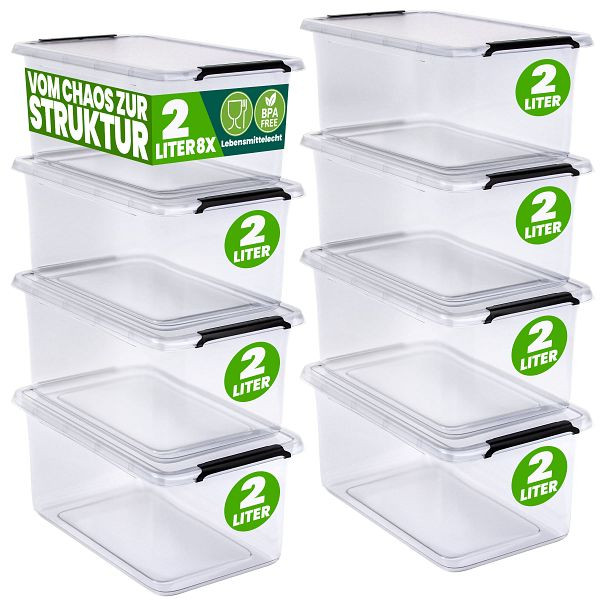 DEUBA Aufbewahrungsbox, VE: 8er-Set 20x15x12cm 2L transparent stapelbar, 996814