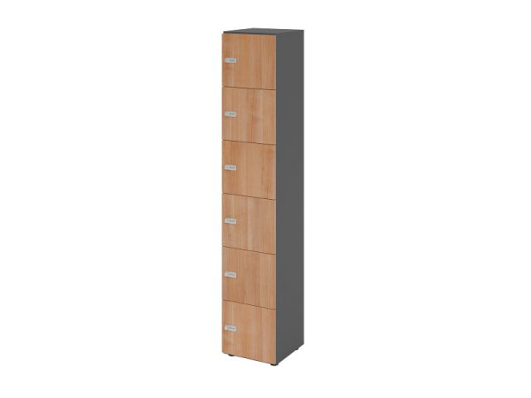 Hammerbacher Schließfachschrank schmal 6OH, 6 Türen, Korpus: Graphit, Türen: Nussbaum, 40 x 40 x 215,6 cm (BxTxH), Zahlenschloss, V264L6/G/N/ZS