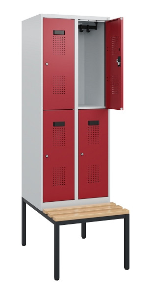 C+P Doppelstöckiger Spind Evolo PLUS, Bank, 4 Fächer, 1950x600x815mm, 7035/3003, Zylinderschloss, Sitzfläche Buche-Hartholz, Sitzbank, 0493505-20 S10026