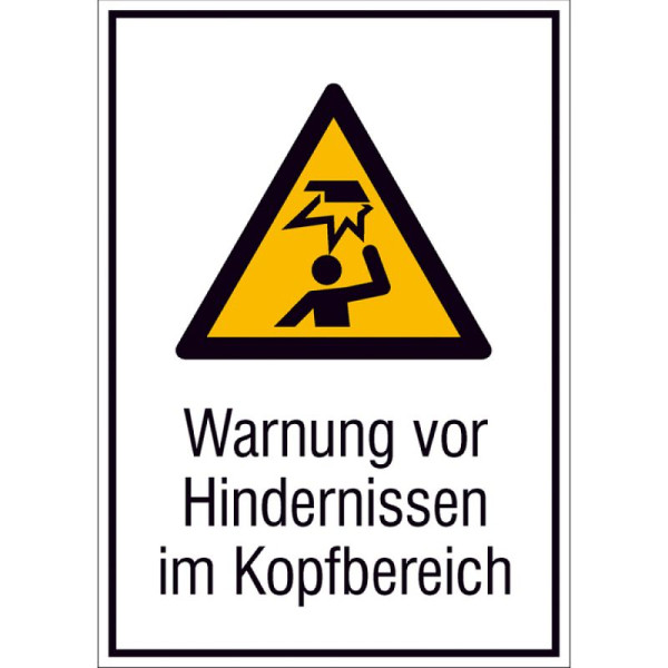 Stein HGS Kombischild mit Warnschild und Zusatztext, Warnung vor Hindernissen im Kopfbereich, 131 x 185 mm / Folie, selbstklebend, 21.a8035