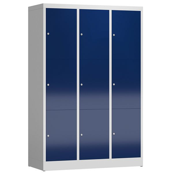 Lüllmann ClassiX Schließfachschrank, 3 Abteile à 3 Fächer, 1800 x 1185 x 500 mm, lichtgrau/enzianblau, X-523331