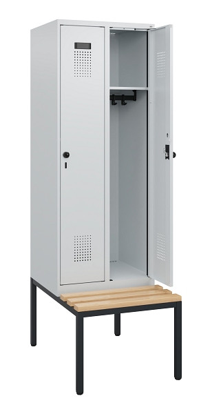 C+P Spind Evolo PLUS, 2 Abteile, 1950x600x815mm, 7035/7035, Drehriegel, Sitzfläche Holz, Sitzbank, 0490505-20 S10013