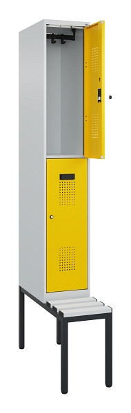 C+P Doppelstock-Spind Evolo PLUS, Bank, 2 Fächer, 2120x300x815mm, 7035/1023, Zylinderschloss, Sitzfläche Kunststoff, Sitzbank, 0493507-10 S10109