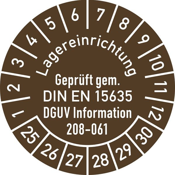 Moedel Prüfplakette DIN EN 15635 DGUV 208-061, 2025-2030, Folie, Ø 30mm, VE: 10 Stück/Bogen, 108008