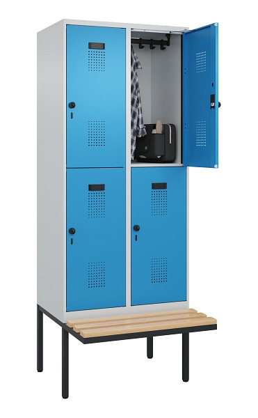 C+P Doppelstock-Spind Evolo PLUS, Bank, 4 Fächer, 2120x800x815mm, 7035/5012, Drehriegel, Sitzfläche Buche-Hartholz, 0493407-22 S10007