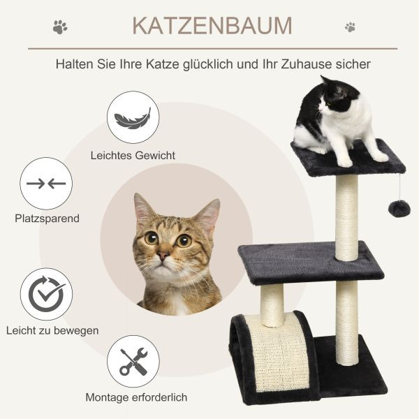 PawHut Kratzbaum mit Kratzbrett Katzenbaum Kletterbaum für Katzen E1 MDF Sisal Plüsch Dunkelgrau 40 x 35 x 72 cm, D30-351