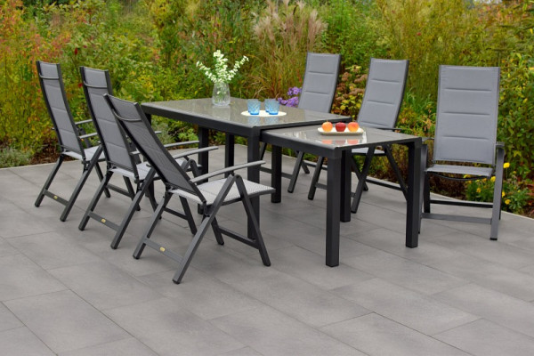 Merxx 7-teilig Florenz Set, 6 Florenz Klappsessel, Rückenlehne verstellbar, graphit/grau, 1 Flexausziehtisch, 160/320 x 78/75 cm, 50564-309