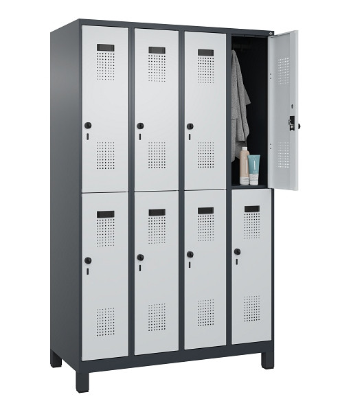 C+P Doppelstöckiger Spind Evolo PLUS, mit Füßen, 8 Fächer, 1950x1200x500mm, 701, Frontfarbe RAL 7035 Lichtgrau, Drehriegel, 049310-40 S10017