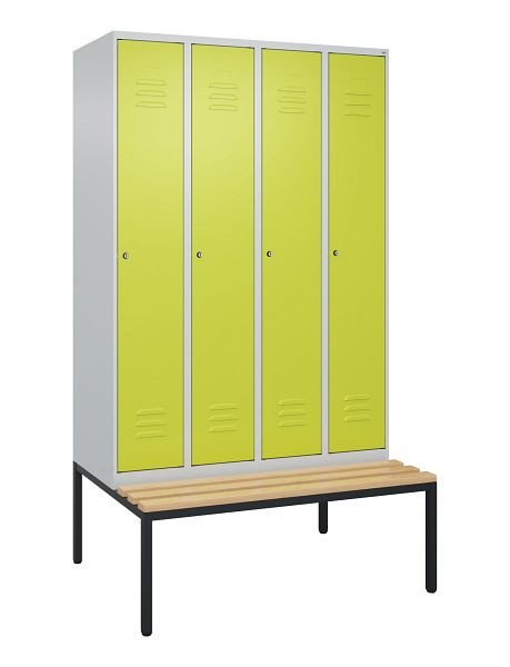 C+P Umkleidespind Classic PLUS, mit untergebauter Sitzbank, 4 Abteile, 2120x1200x815mm, 7035/0024, Zylinderschlösser, Buche-Sitzleisten, 0800507-40 S10054