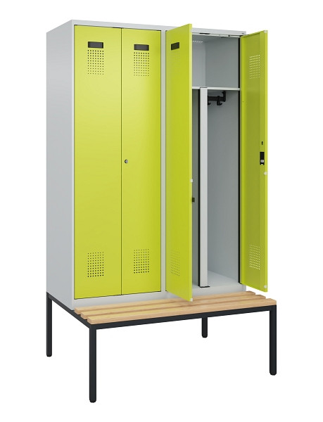C+P PSA Doppel-Spind Evolo PLUS, Bank, 4 Abteile, 2120x1200x815mm, 7035/0024, Zylinderschloss, Sitzfläche Buche-Hartholz, Sitzbank, 0490527-40P S10042