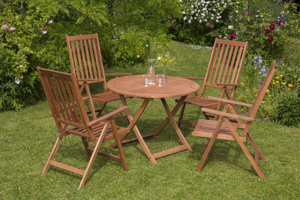 Merxx Vitoria Set 5-teilig, 4 Vitoria Klappsessel, 5-fach verstellbar, 1 Klapptisch Ø100 cm, FSC® Eukalyptusholz, 50069-011