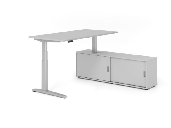 Hammerbacher Schreibtisch XBHM16, 160x80cm, Platte: Grau, 25mm dick, C-Fuß Gestell Silber, Höhe: 65 - 129 cm, Grau / Grau, VXBHM16SB/5/S/5/5