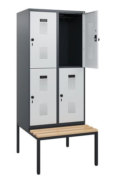C+P Doppelstöckiger Spind Evolo PLUS, Bank, 4 Fächer, 1950x800x815mm, 7016/7035, Drehriegel, Sitzfläche Buche-Hartholz, Sitzbank, 0493505-22 S10017