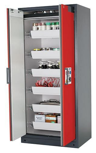 asecos Feuerbeständiger Gefahrstoffschrank Select W-96, 6 Auszugswannen, Türen rot, 201046