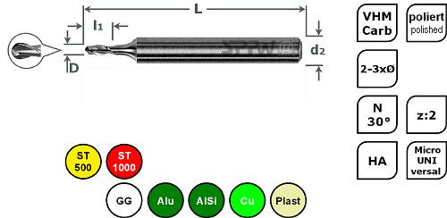 SPPW Micro-Radiusfräser VHM 2-3xØ L: 39x0,8 z:2 d3 Ø0,35, 6685290035