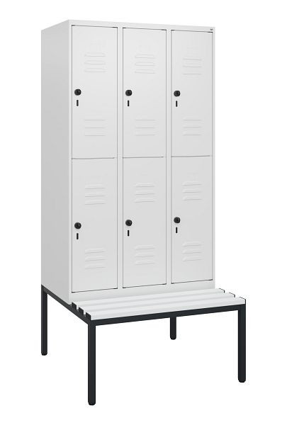 C+P Doppelstöckiger Spind Classic PLUS, 3 Abteile, 1950x900x815mm, 9016/9016, Drehriegel, mit untergebauter Sitzbank, 0803505-30 S10074