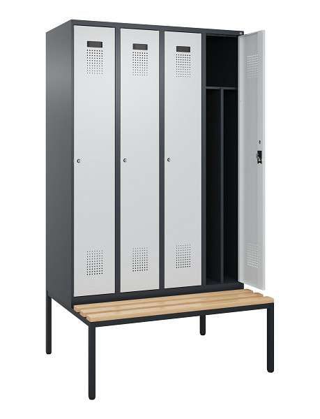 C+P Spind Evolo PLUS, 4 Abteile, 2120x1200x815mm, 7016/7035, Haken 4, Zylinderschloss, Sitzfläche Buche-Hartholz, Sitzbank, 0490507-40F S10044